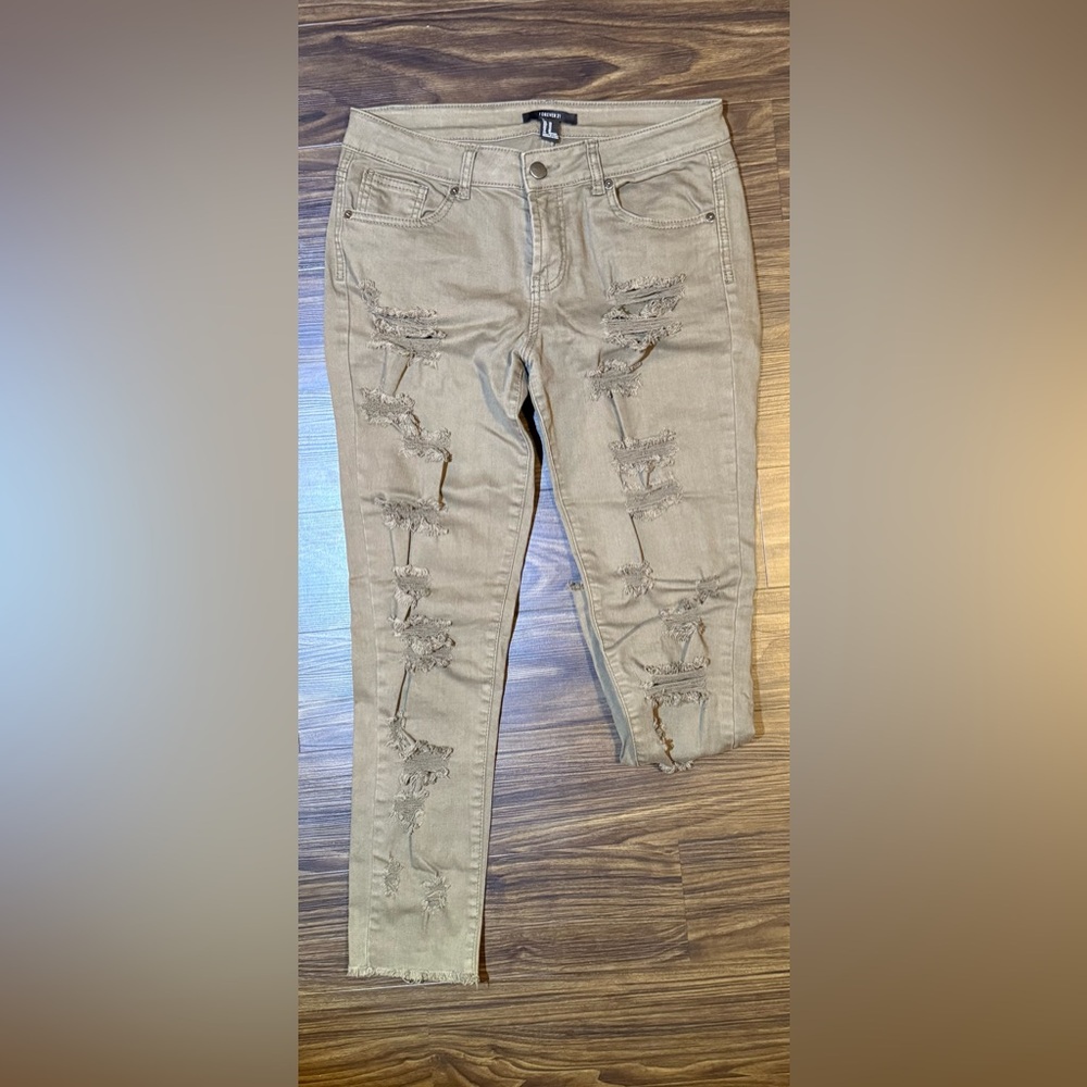 Forever 21 Ripped Distressed Skinny Jeans in Hunter Green Size 26